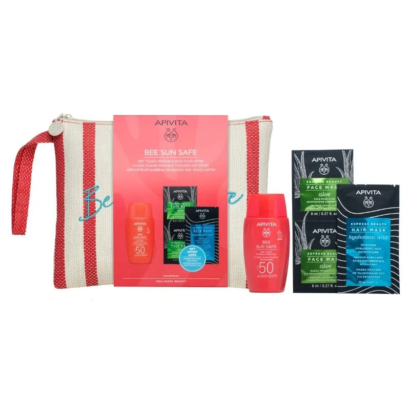 Apivita Bee Sun Safe Dry Touch Fluido Viso Invisibile SPF50 50ml + Face Mask Aloe 2x8ml + Hair Mask 3 Apivita Bee Sun Safe Dry Touch Fluido Viso Invisibile SPF50 50ml + Face Mask Aloe 2x8ml + Hair Mask